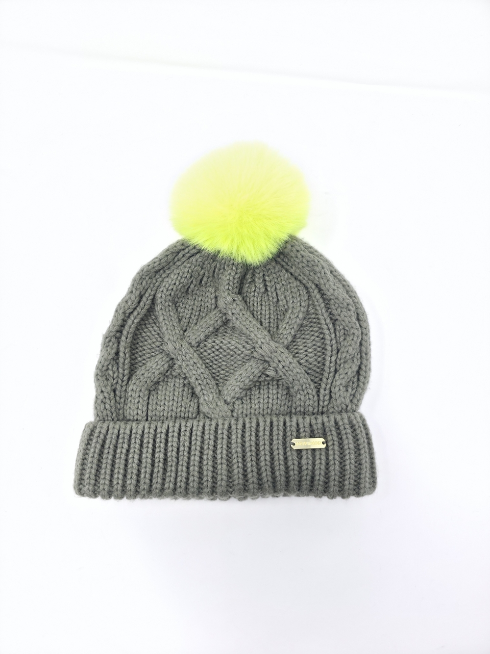 Steve Madden Gray Cable Knit Beanie Neon Yellow/Green Pom Pom Winter Hat